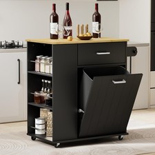 Rolling Kitchen Island with Trash Can Storage, Black  Portable  Movable 