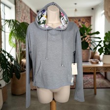 New Ted Baker Sz S Gray Floral Contrast Hooded Long Sleeve Knit Crop Top Pocket