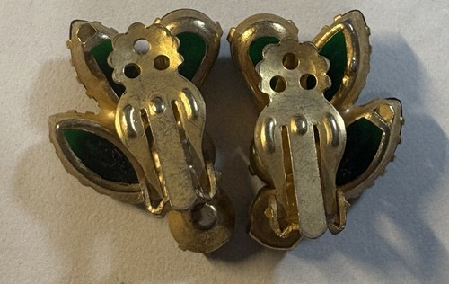 Orecchini vintage clip strass verdi grappolo foglie tono oro anni 50 - Foto 4 di 6