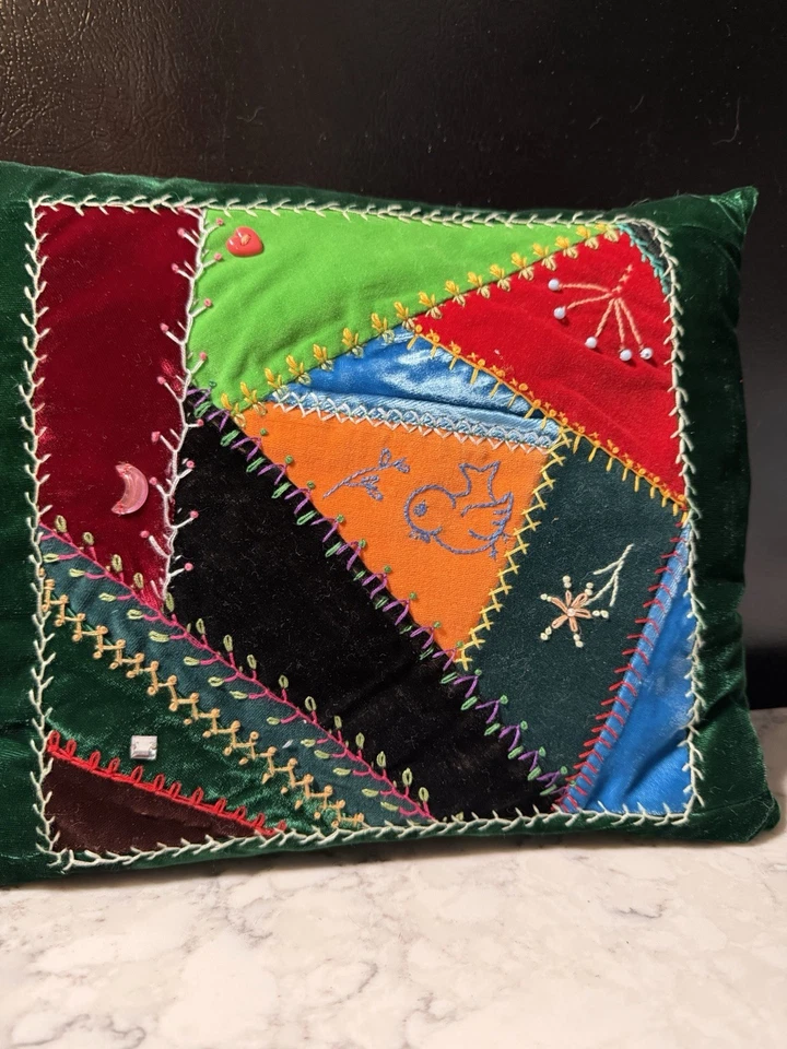 Colorful Patchwork Handmade/Handstitched Velvet CRAZY Quilt Square Pillow 12” Foto 3 de 4