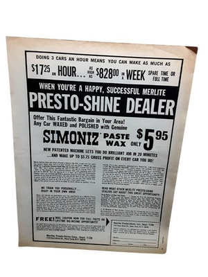 #ad #ad 1968 Simoniz Wax Presto Shine Dealer Car Polish Job Opportunity Ad $5.24
