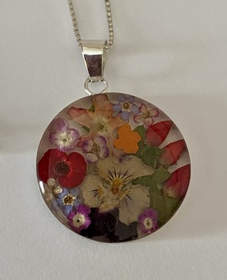 Schöne Sterlingsilber & echte Blume große runde Anhänger Halskette - 19 ' Kette