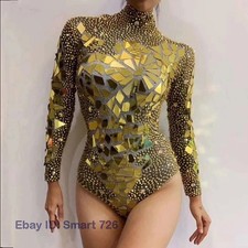 Women Rhinestones Mirrors Bodysuit Jumpsuit Dancer Singer Stage Dance Costume