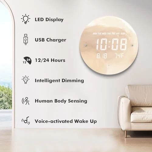 Reloj de Pared Digital Luna con Temperatura/Hora/Fecha, 12"" Moderno LED Amarillo Foto 3 de 4