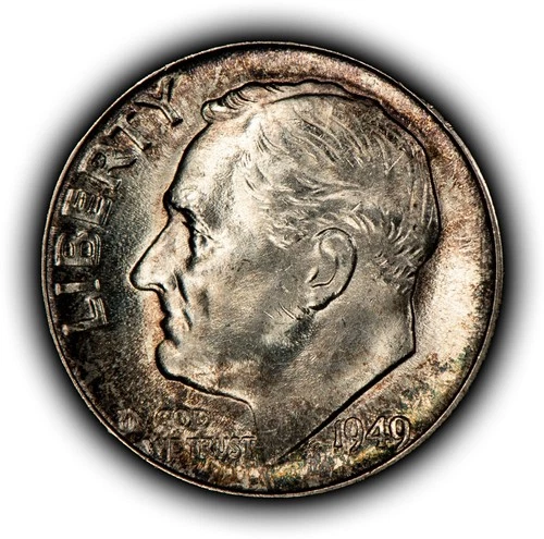 1949 10c Roosevelt Silver Dime - Neon Speckled Toning - BU - SKU-Z6439