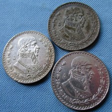 Lot 3 1959 1961 1962 Mexico .10 Silver Coins Un Peso Jose Morelos Eagle Snake