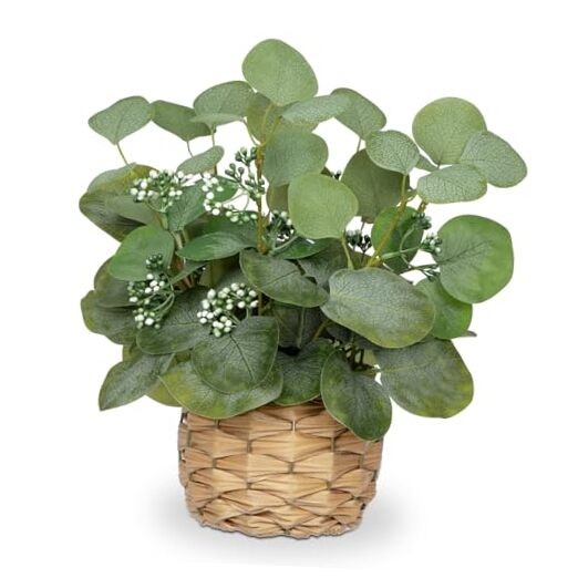  Artificial Eucalyptus Stems in Woven Basket Planter, 12'' Fake Plant 
