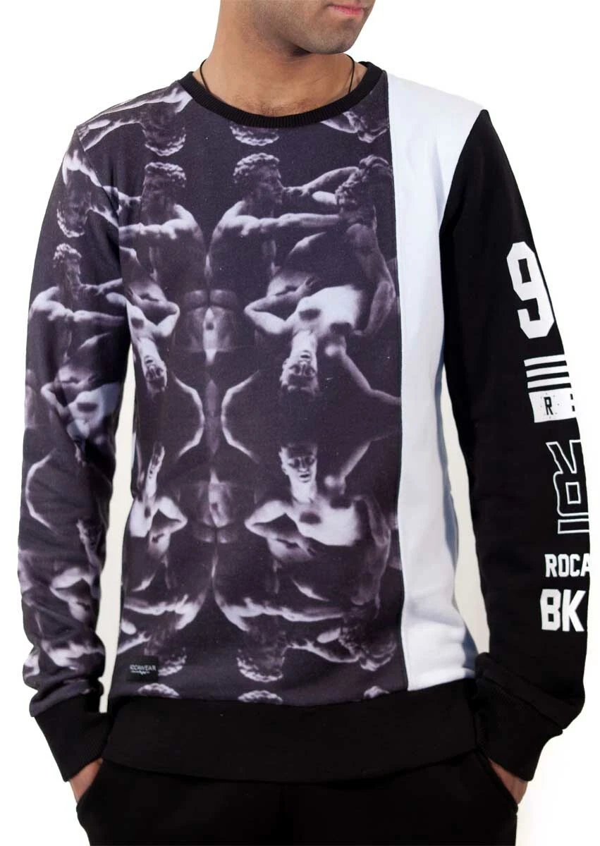 Rocawear Mens Sweatshirt Black White Graphic Jumper Streetwear Crew Neck S-XL