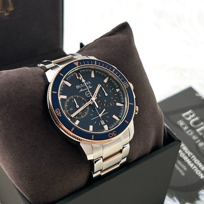 Bulova Marine Star 98B301 Men s Chrono Blue Dial Two-Tone Rose Chronograph Watch