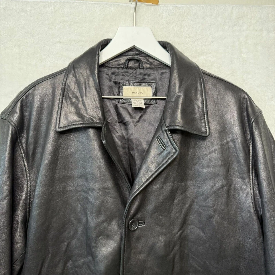 MERONA Genuine Soft Leather Jacket Coat Button Outdoor Y2K VTG Black Mens L - Image 2 of 4