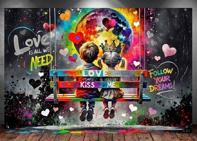 LEINWAND BILD XXL POP ART GRAFFITI BANKSY MOND KIDS BUNT ABSTRAKT WAND POSTER