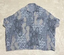 Puro Lino Linen Top Women's 2XL Oversize Blue Multicolor Geometric Batwing Shirt