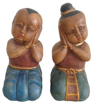 Hand Carved Wood Asian Boy & Girl Figures 8.4'' Tall Vintage
