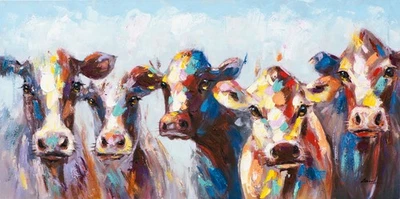 Erstaunte Kühe 50x100 cm lustige, bunte Kuhherde mit Farbtupfen, handveredelt - Bild 1 von 4