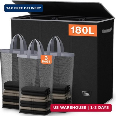 SOLEDI 180L Laundry Hamper 3 Section, Extra Large Laundry Hamper with Lid, Dirty