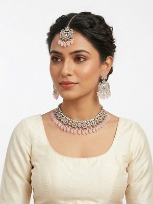 Rosa indische Bollywood Braut Halskette Tika Ohrring Schmuck Set