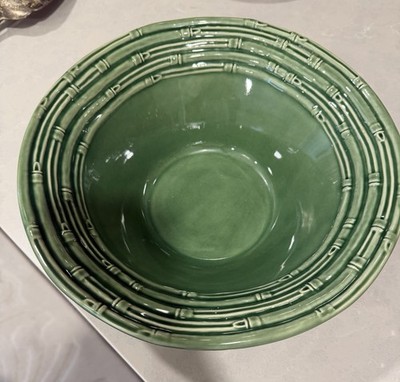 Bordallo Pinheiro Green Bamboo Serving Bowl 10.5  Portugal Majolica Pottery
