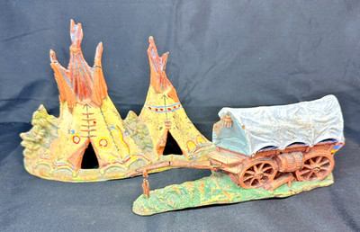 Rare German Elastolin Wild West Double Tepee and Schooner Wagon