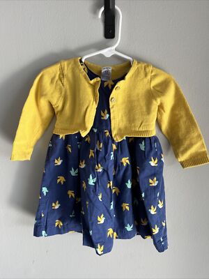 blue dress yellow cardigan Carters Navy Blue Bird Dress With Yellow Cardigan 12 Months EUC