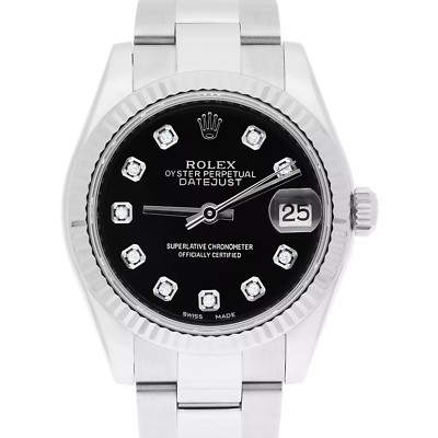 Rolex Lady-Datejust 31 mm Black Diamond Dial Fluted Bezel 178240 Stainless Steel