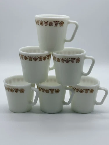 VTG Pyrex Butterfly Gold Milk Glass Coffee Mugs Cups D Handle Set Of 6