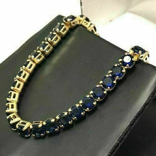 17Ct Lab-Created Sapphire Round Cut Women Tennis Bracelet 14K Yellow Gold Finish - Picture 1 of 6