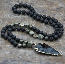 Lava Obsidian Arrowhead Necklace Healing Protection Strength Talisman Men Energy