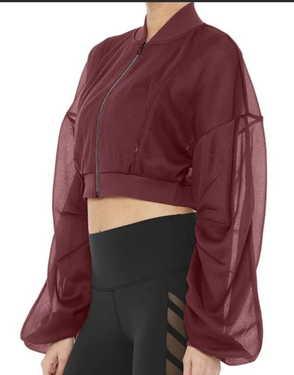 ALO YOGA Field Crop Jacket Black Cherry Burgundy NWT Mesh Rouched Sleeves XS New
