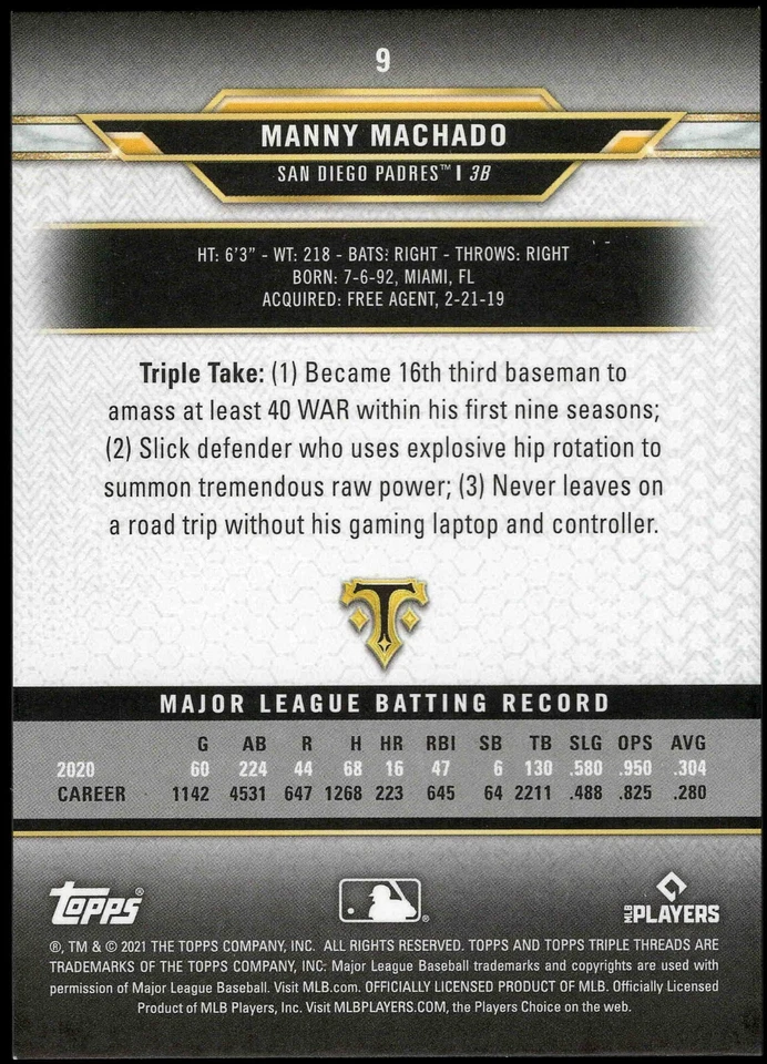 2021 Topps Triple Threads MANNY MACHADO #9 Padres 21 ONYX Black Numbered /50 a - Image 2 of 2