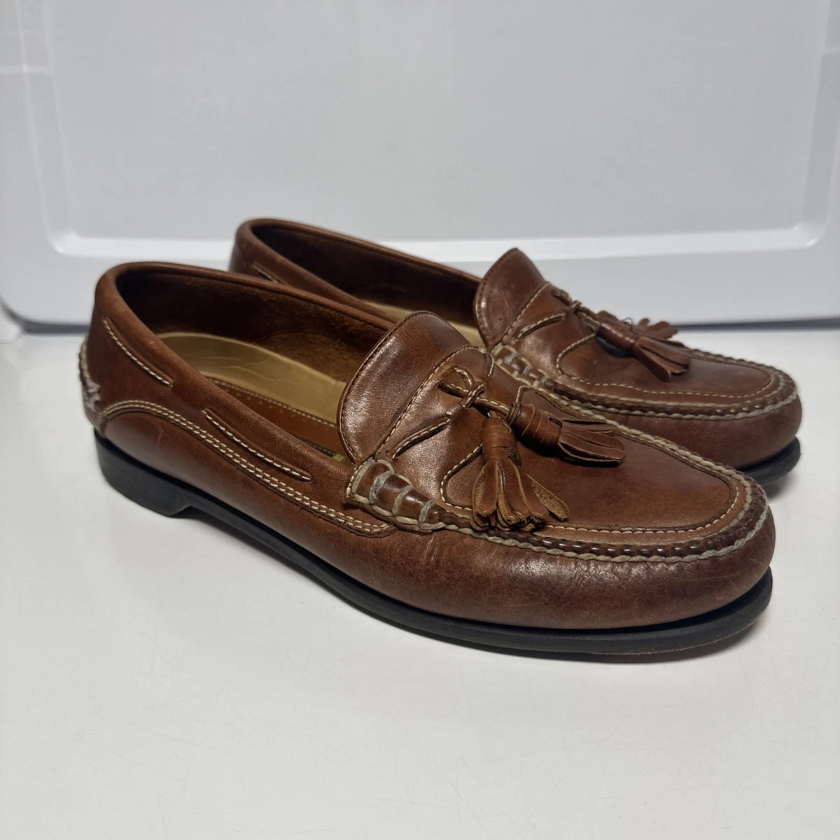 Vintage Jonhston & Murphy Tan Leather Woven Tassel Loafers Mens Super Prime Sz 8 johnston murphy tassel loafers products for sale | eBay main image 4
