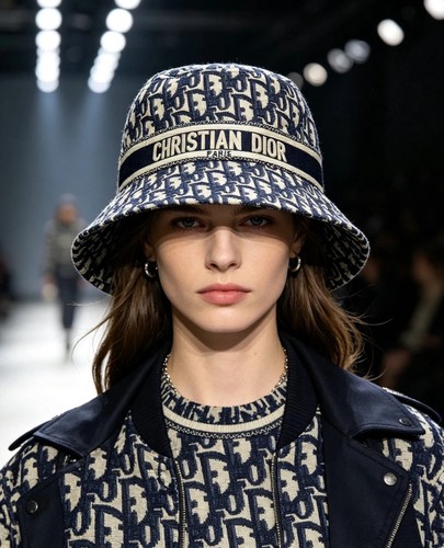 Christian Dior Oblique Jacquard Navy Bucket Hat Logo Band Unisex Casual Sun Hat
