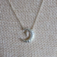 Texture 925 Sterling Silver Crescent Moon Star Pendant Necklace Celestial 