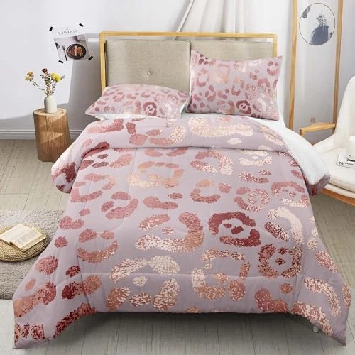  Pink Leopard Print Comforter Cheetah Comforter Set, Rose Queen Leopard Print 7 - Image 2 of 4
