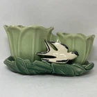 Vintage 1949 McCoy USA Pottery Double Green Tulip Planter With Bird MCM