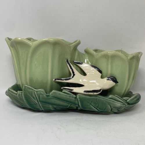 Vintage 1949 McCoy USA Pottery Double Green Tulip Planter With Bird MCM