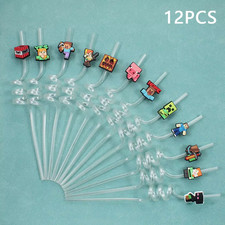 12Pcs Pixel Miner Game Reusable Straws Game-Themed Pixel Style Drink Straws for 