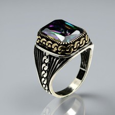925 Sterling Silver Men's Mystic Topaz Ring Rainbow Stone Bold Statement Jewelry