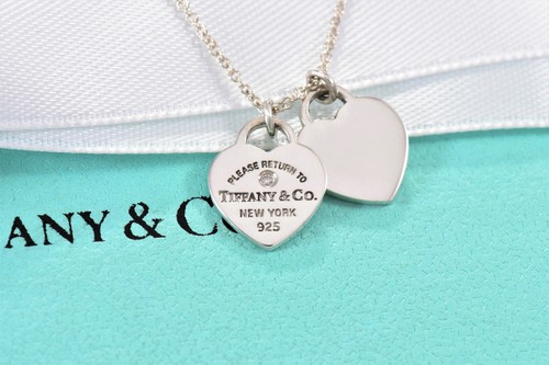 Return To Tiffany & Co Diamond Silver Mini Double Heart Pendant 16" Necklace - Picture 2 of 7