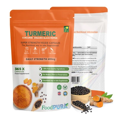 Turmeric (Curcumin) and Organic Black Pepper 600mg X 365 VEGAN Capsules FoodPURA
