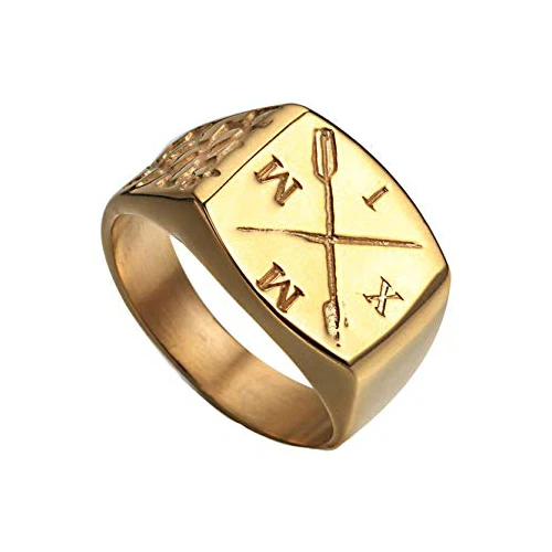 BAGUE CHEVALI RE HOMME PLAQUE OR CHIFFRES ROMAINS FLECHE BOUSSOLE