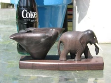 Vintage Dark Wooden Elephant Hand Carved Ashtray Art