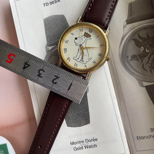 Tintin Watch With Case Vintage Leather Belt Brown Gold Rare Japan Free Shipping - Picture 4 of 8