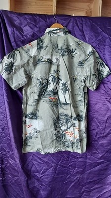 Hawaiihemd Palmen und Blumen grauer Hintergrund Größe M Baumwolle 158 Gramm