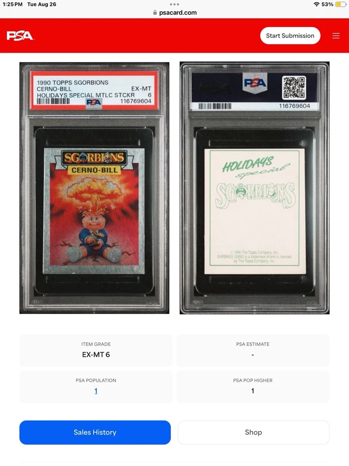 1990 topps #0 adam bomb / cerno-bill; sgorbions GPK pail kids PSA 6  (POP 1, 1^) - Image 3 of 3