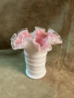 Vintage 1940s Fenton art glass light pink peach crest ruffled ribbed vase #1