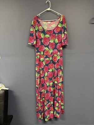 LuLaRoe 3XL Floral Short Sleeve Maxi Dress Navy Pink Green Roses