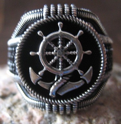 Steuerrad Anker Ring 925 Silber maritim Ship Wheel Anchor nautical Ring RG 64