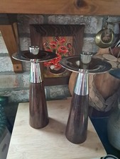 Pair Of Mid Century Modern Wood And Metal, Chrome Candlesticks