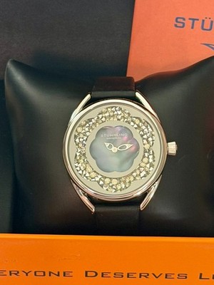 Stuhrling Original Women's Floating Crystal Black Leather Watch NWT + Box