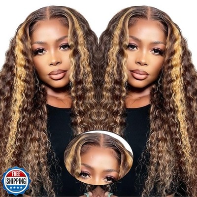 PYY 4/27 Highlight Glueless Deep Wave Wig Human Hair, 5x5 HD Lace Wear and Go